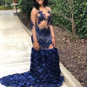 Long Sleeve Blue Prom Dress
